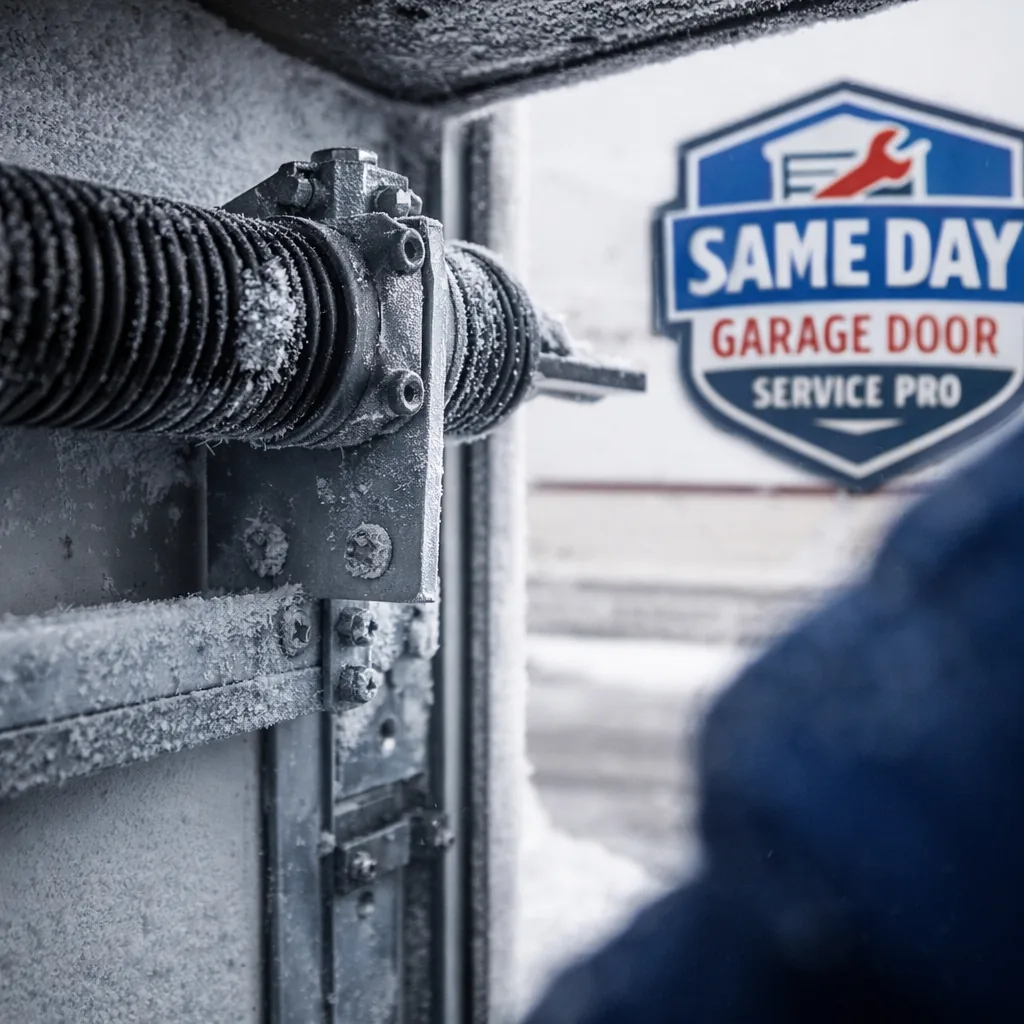 Close-up of a torsion spring assembly mounted above a garage door, showing the coiled spring and center bracket, with visible frost on the surrounding metal track to reflect winter conditions in Utah Valley.