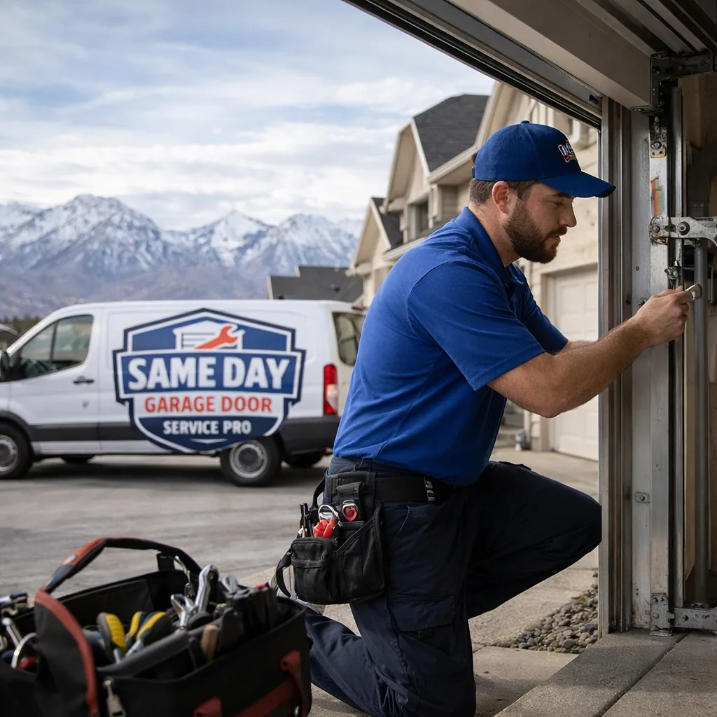 A uniformed Same Day Garage Door Service Pro technician working on an open garage door track at a Provo home, tool bag open on the driveway, mountains visible in the background.