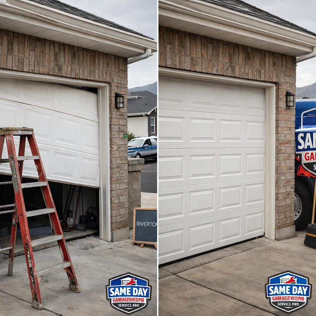 Side-by-side before-and-after of a Riverton garage door: sagging, off-track door on the left, and the same door realigned and closing evenly on the right.