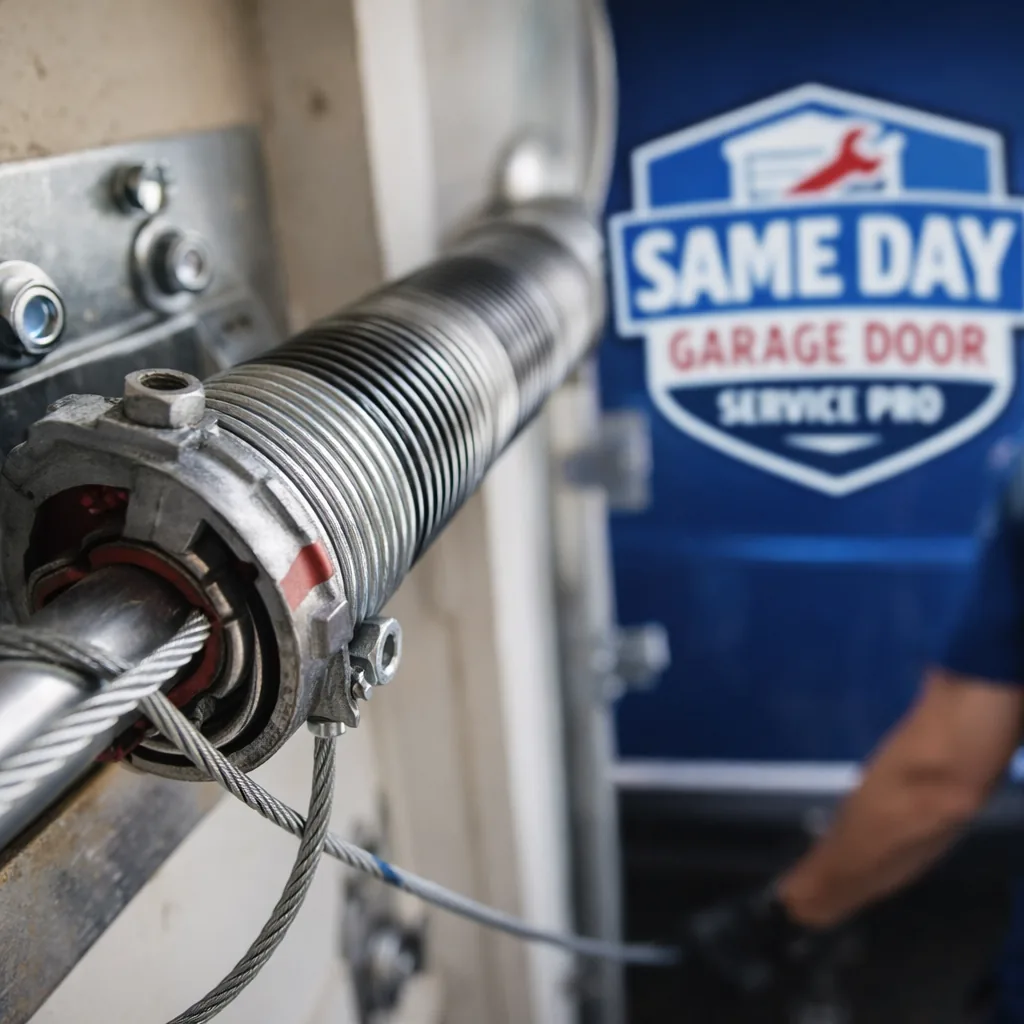 Close-up detail shot of a new torsion spring and cable installed on a residential garage door, showing clean hardware and proper tension.