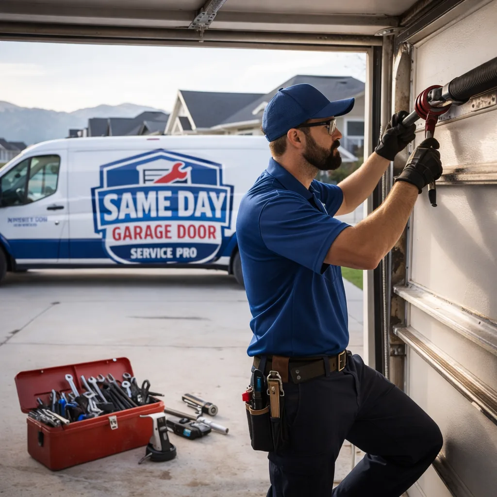 A uniformed Same Day Garage Door Service Pro technician working on a torsion spring system on a residential garage door in a Riverton driveway, daylight, tools visible.