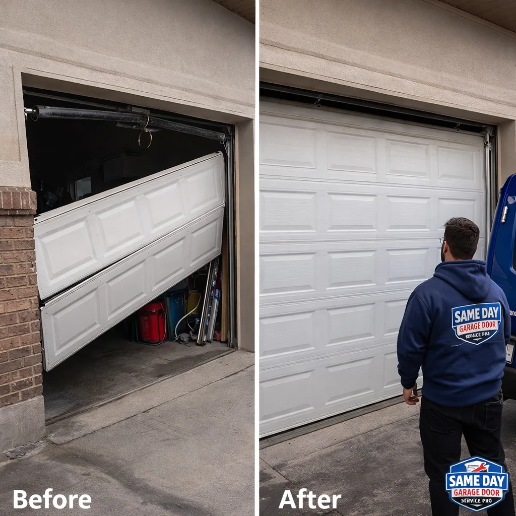 Side-by-side of a sagging garage door panel hanging off a broken torsion spring next to the same door repaired and sitting level and flush on its track.