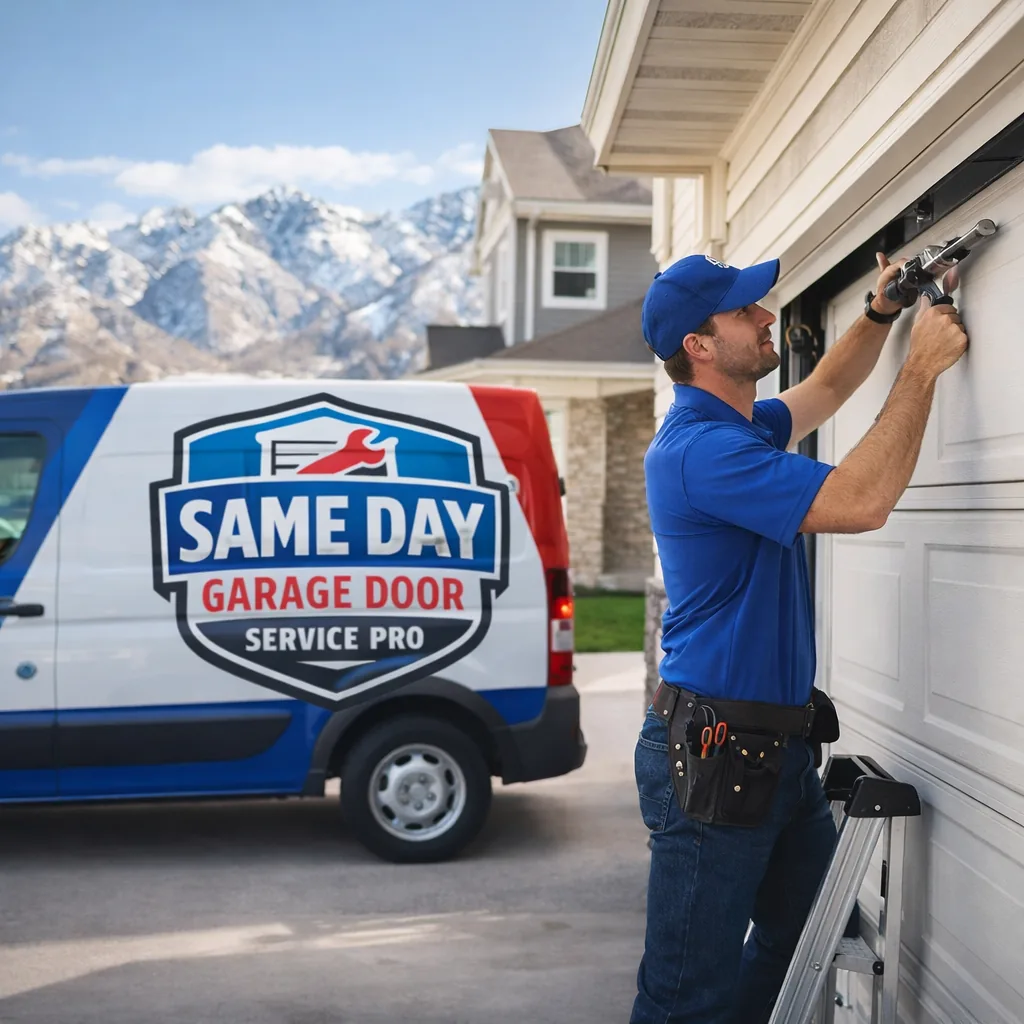 A uniformed Same Day Garage Door Service Pro technician working on a sectional steel garage door outside a Salt Lake City home, with a marked service van parked in the driveway.