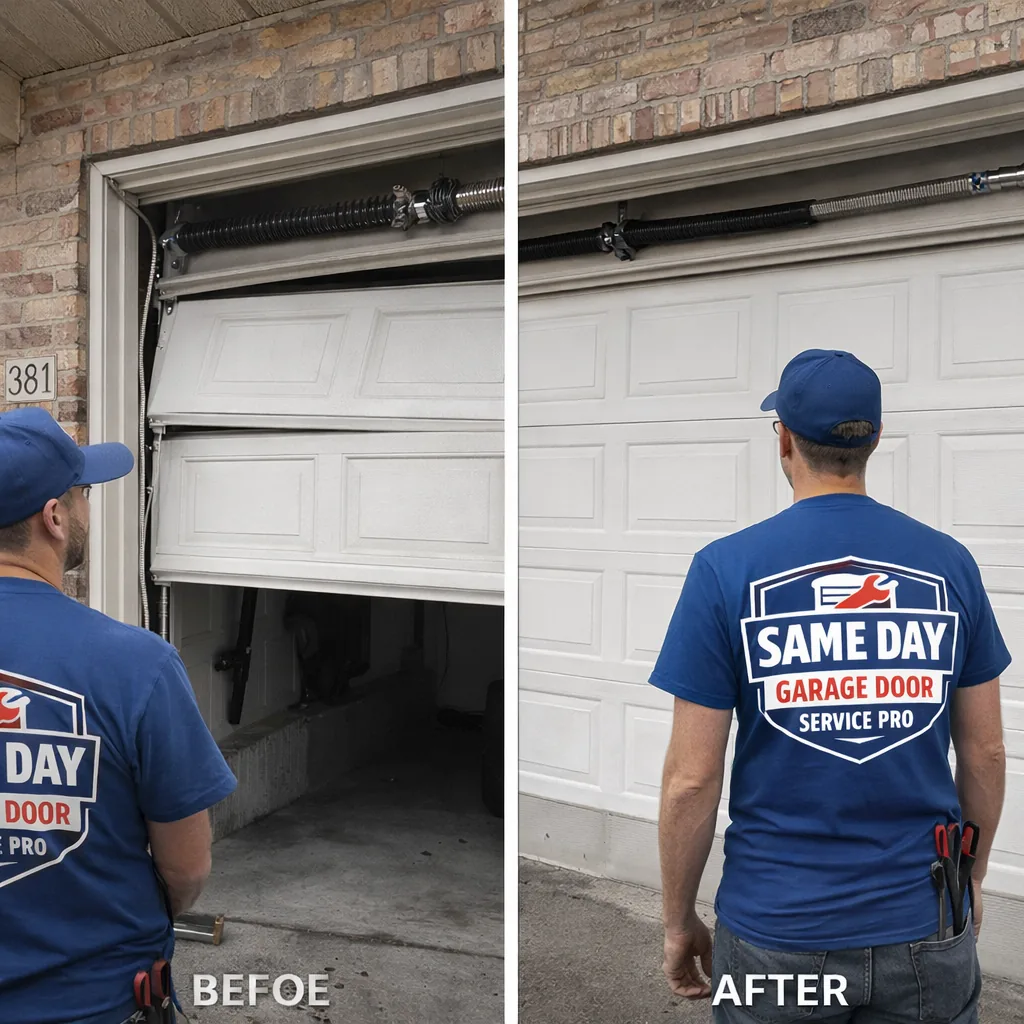 Side-by-side of a sagging, off-track garage door before repair next to the same door running level and smooth after a new torsion spring and track alignment.