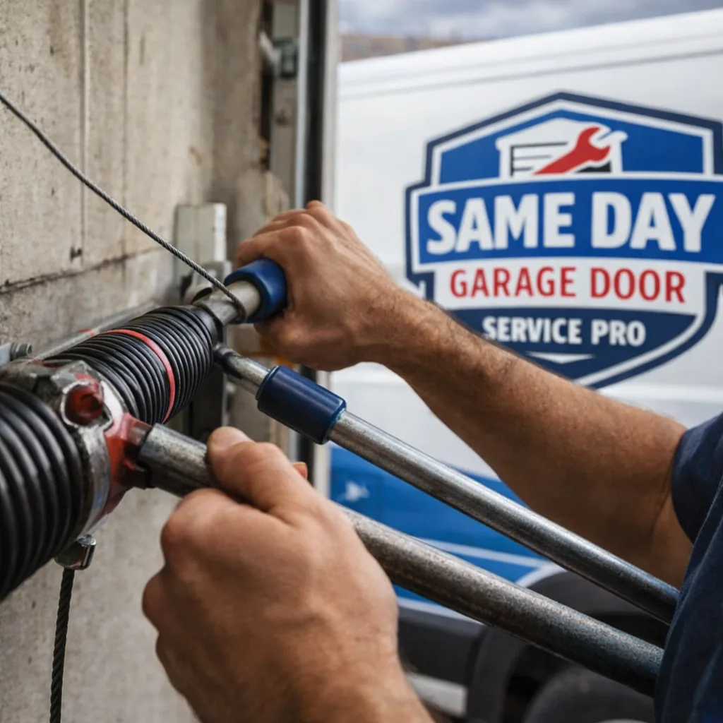 Close-up of a technician's hands setting tension on a new torsion spring, winding bars and safety cable visible.