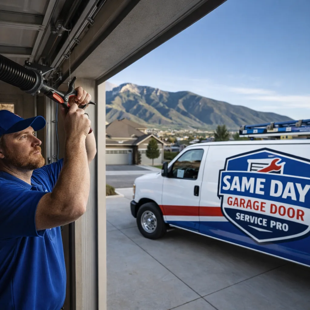 A uniformed technician working on an open garage door torsion spring system at a Sandy, Utah home, with the Wasatch mountain foothills visible in the background.