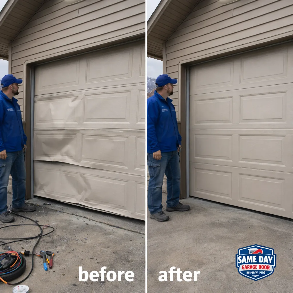 Side-by-side before and after photos of a dented, off-track garage door panel that has been replaced and repainted to match the rest of the door.