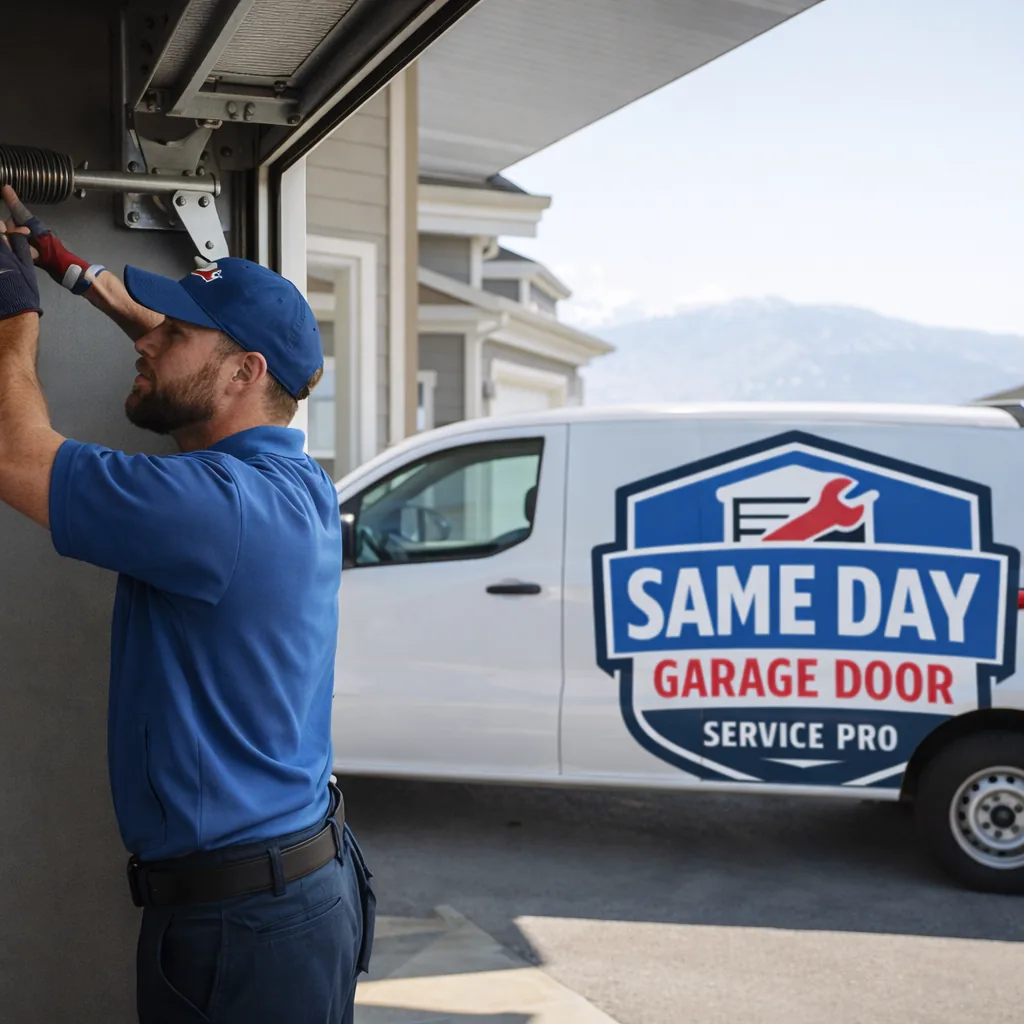A uniformed technician working on a residential garage door torsion spring system in front of a newer suburban home near Utah Lake, daylight.