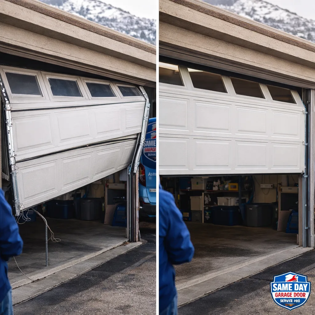 Side-by-side of a sagging, off-track garage door before repair and the same door opening smoothly after new rollers and cables were installed.