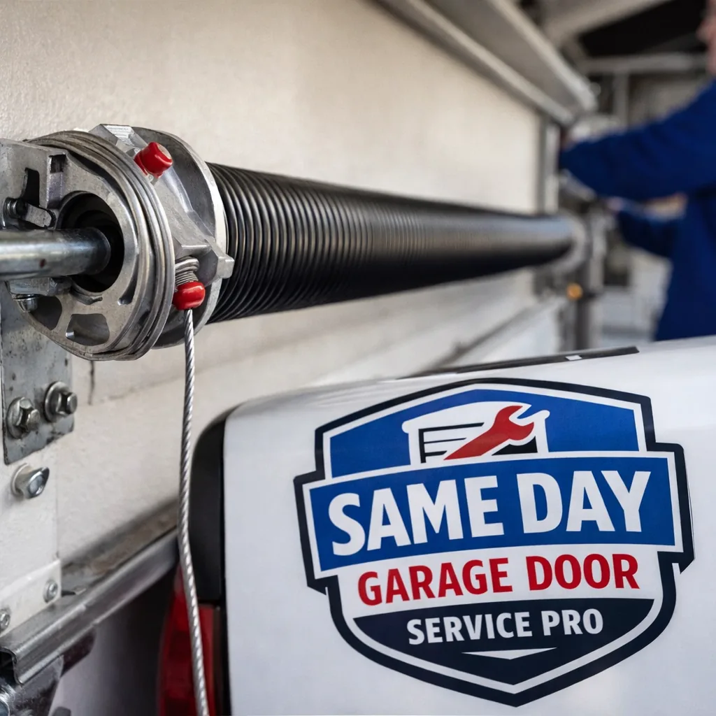 Close-up of a new torsion spring and cable installed on a residential garage door, showing clean, professional workmanship.