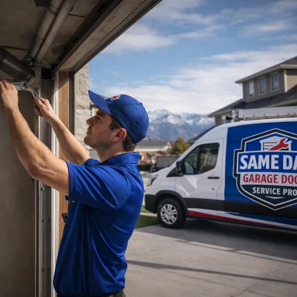 A uniformed technician working on a residential garage door torsion spring system in a South Jordan driveway during daylight, professional and approachable.