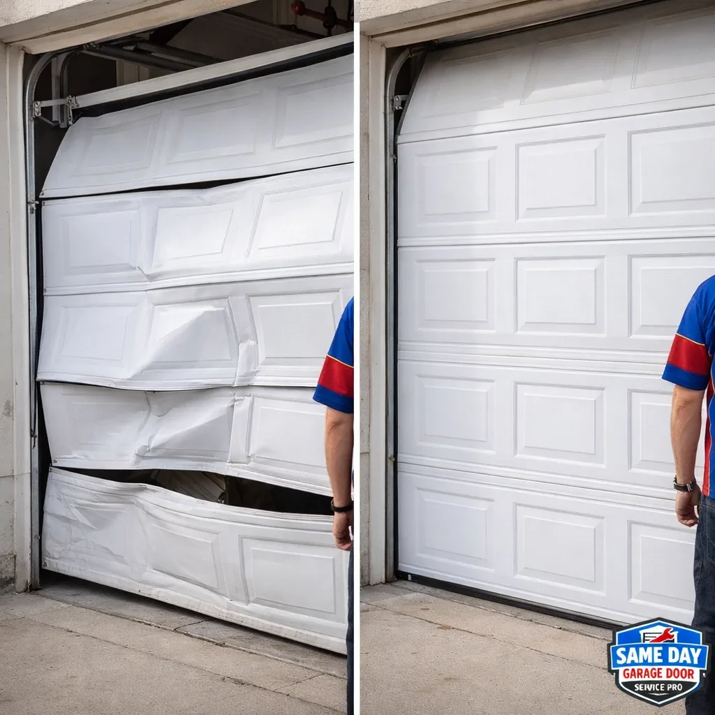 Side-by-side before-and-after of a dented, off-track garage door panel in Spanish Fork, now repaired and running smoothly on its track.