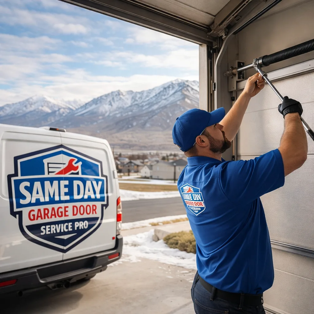 A technician from Same Day Garage Door Service Pro repairing a torsion spring on a residential garage door in Spanish Fork, with the Wasatch mountains visible in the background.