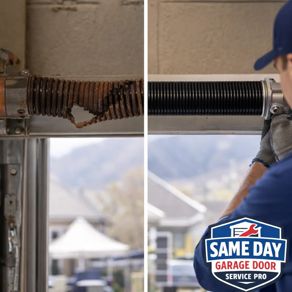 Side-by-side before and after shot of a garage door torsion spring: the old rusted, separated spring next to the freshly installed replacement spring on the same door.