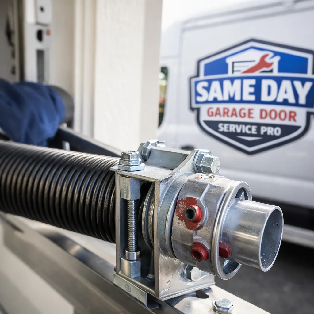 Close-up of a newly installed torsion spring and center bracket on a residential garage door, showing clean hardware and properly wound coils.