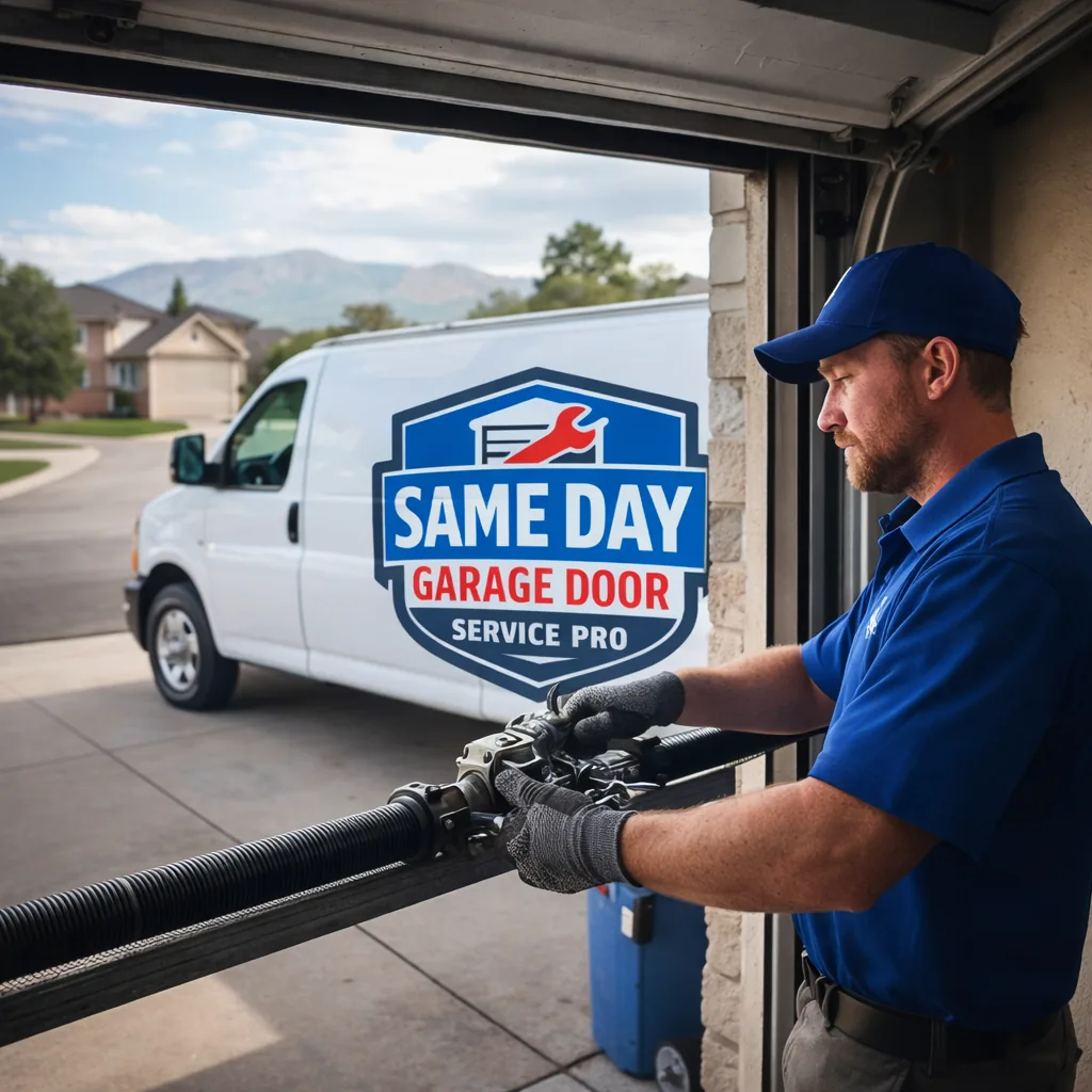 A uniformed Same Day Garage Door Service Pro technician working on an open garage door torsion spring system at a Taylorsville home, daylight, driveway and residential street visible.