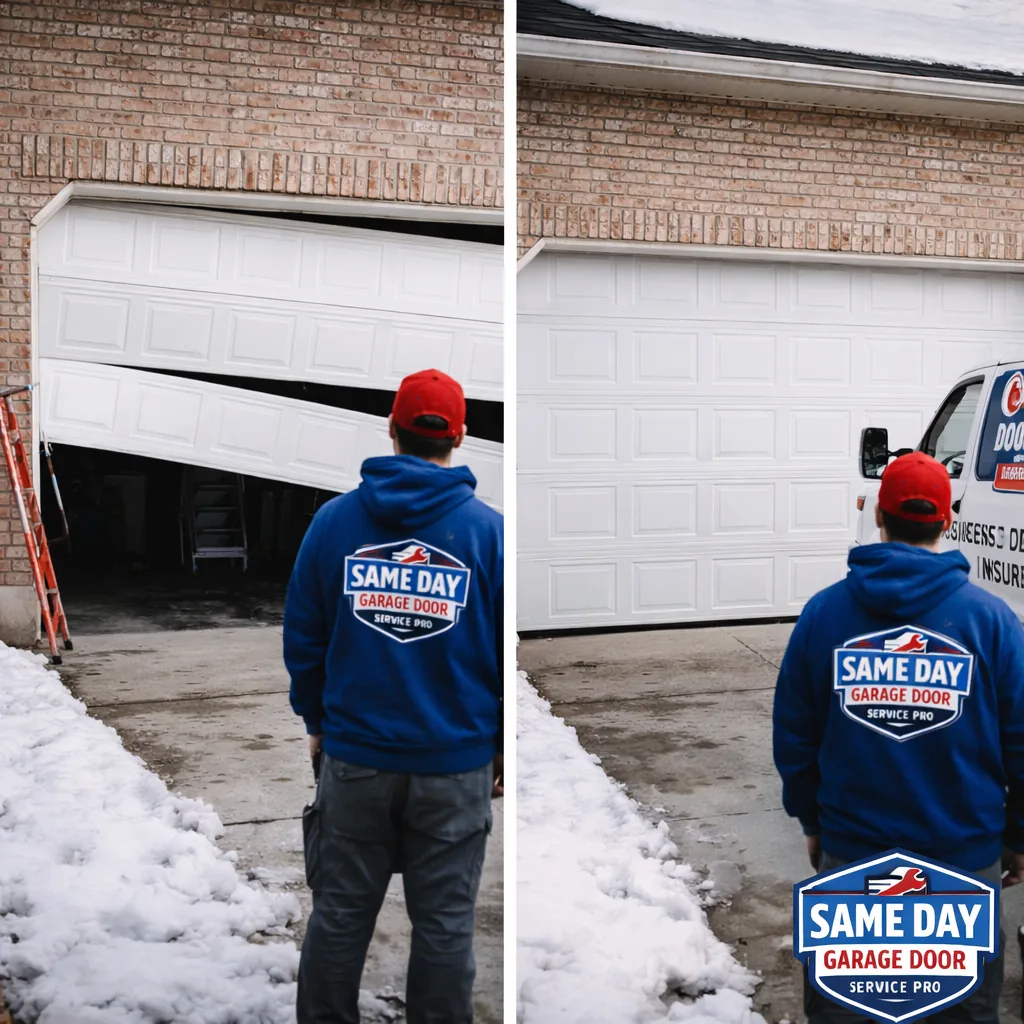 Side-by-side of a sagging, off-track residential garage door before repair and the same door running level and smooth after the fix.