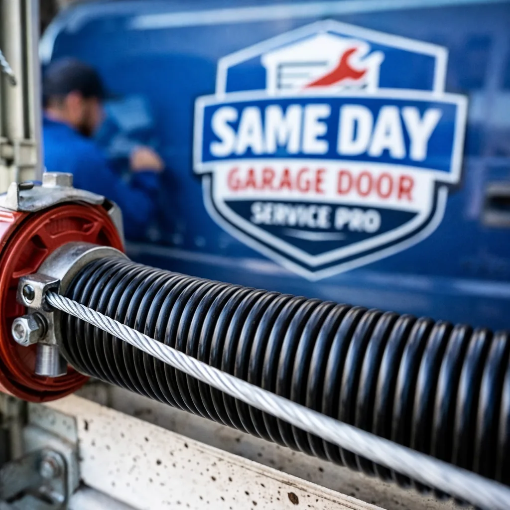 Close-up of a newly installed torsion spring and lift cable on a residential garage door.