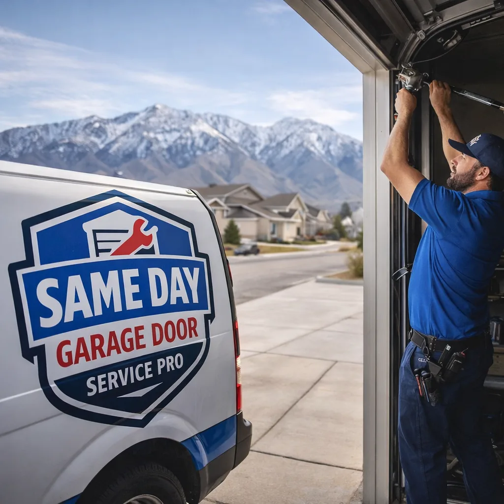 A uniformed technician working on an open residential garage door in a Tooele driveway, with the Oquirrh Mountains visible in the background.