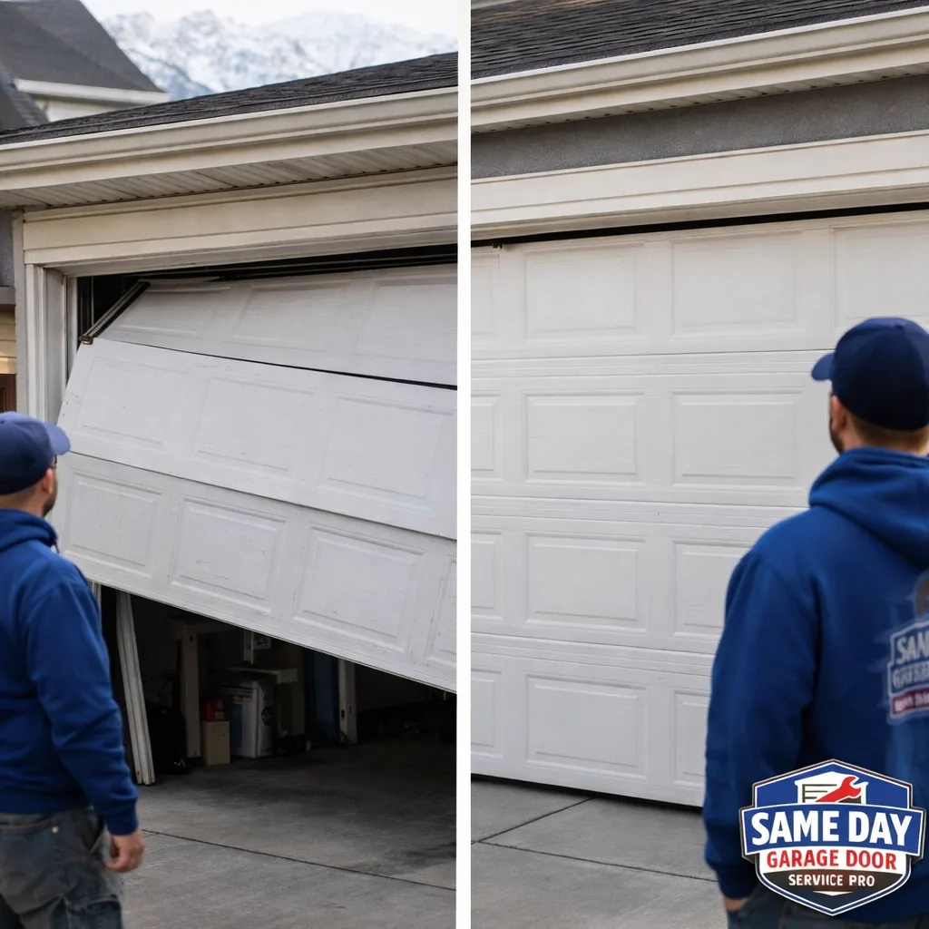 Split shot of a residential garage door sagging off its track before repair, and the same door hanging level and aligned after the fix.