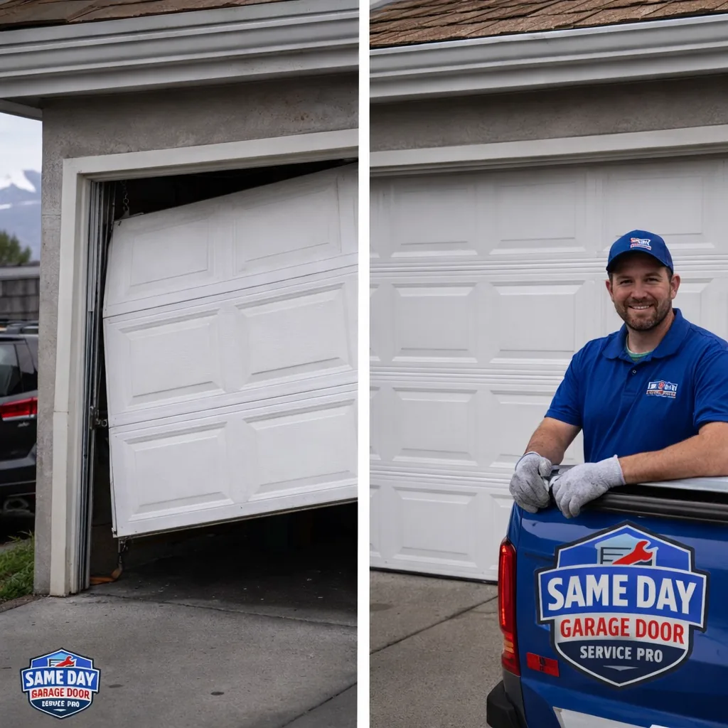 Side-by-side of a sagging, off-track residential garage door before repair and the same door hanging level and closed properly after repair.