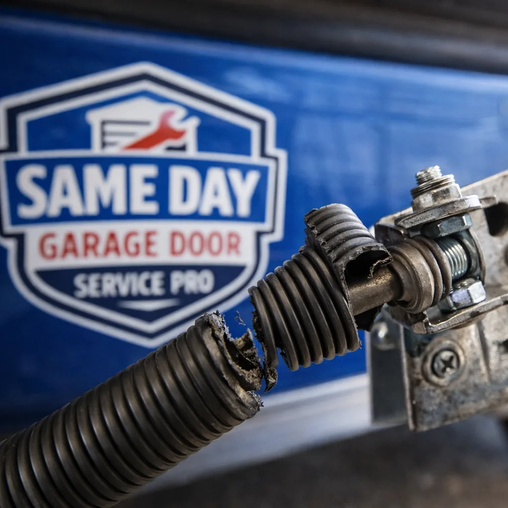 Close-up shot of a snapped torsion spring on an overhead garage door track, showing the separated coil and the mounting hardware.