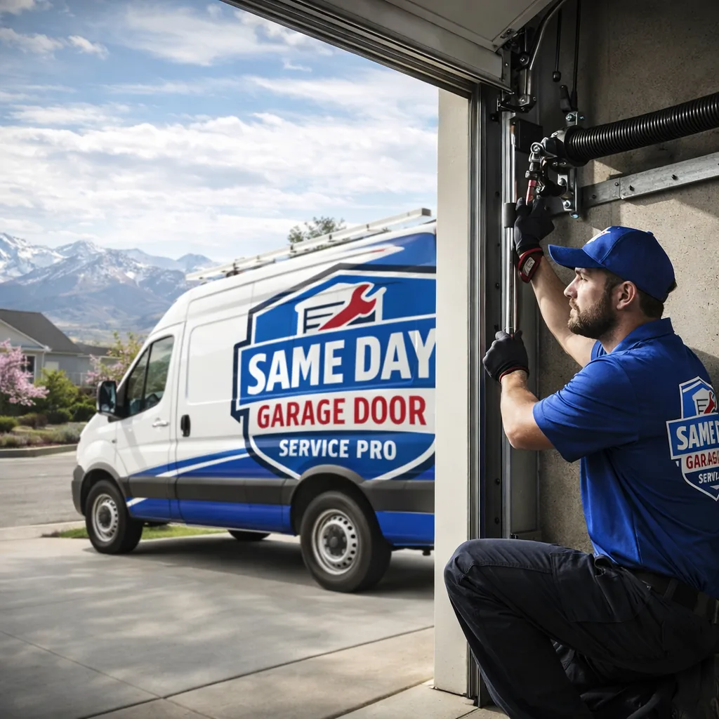 A uniformed technician kneeling beside an open residential garage door, adjusting a torsion spring assembly, suburban driveway with mountains visible in the background.