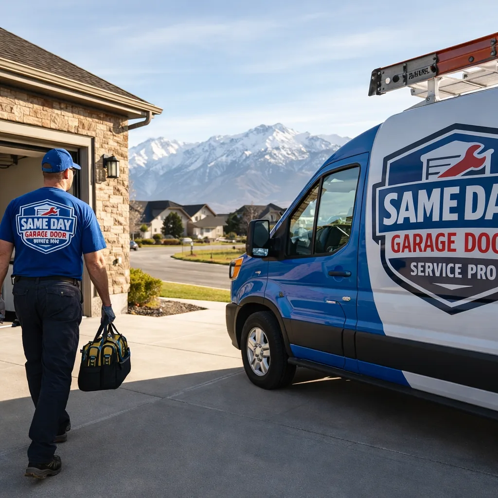 A technician arriving at a Utah home to repair a garage door, with the Wasatch mountains visible in the background.
