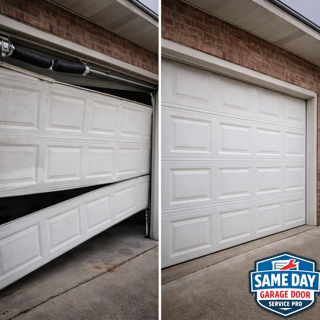 Sequential or side-by-side shot of the same residential garage door: one side shows it sagging with a visibly snapped spring and a gap at the corner, the other shows the same door fully repaired, aligned, and sitting flush in its frame.