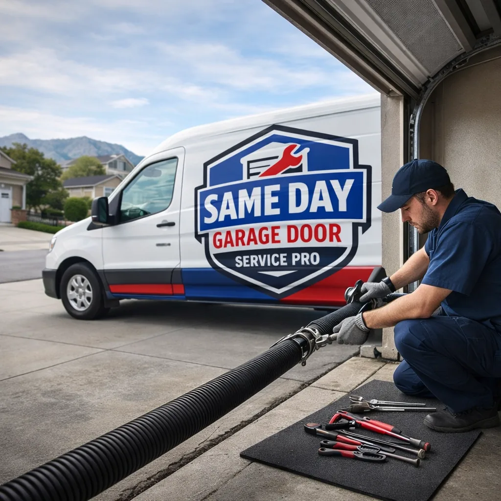 A uniformed technician kneeling beside an open residential garage door in a West Jordan neighborhood, working on a torsion spring assembly with tools laid out on a mat, daylight, suburban driveway in the background.