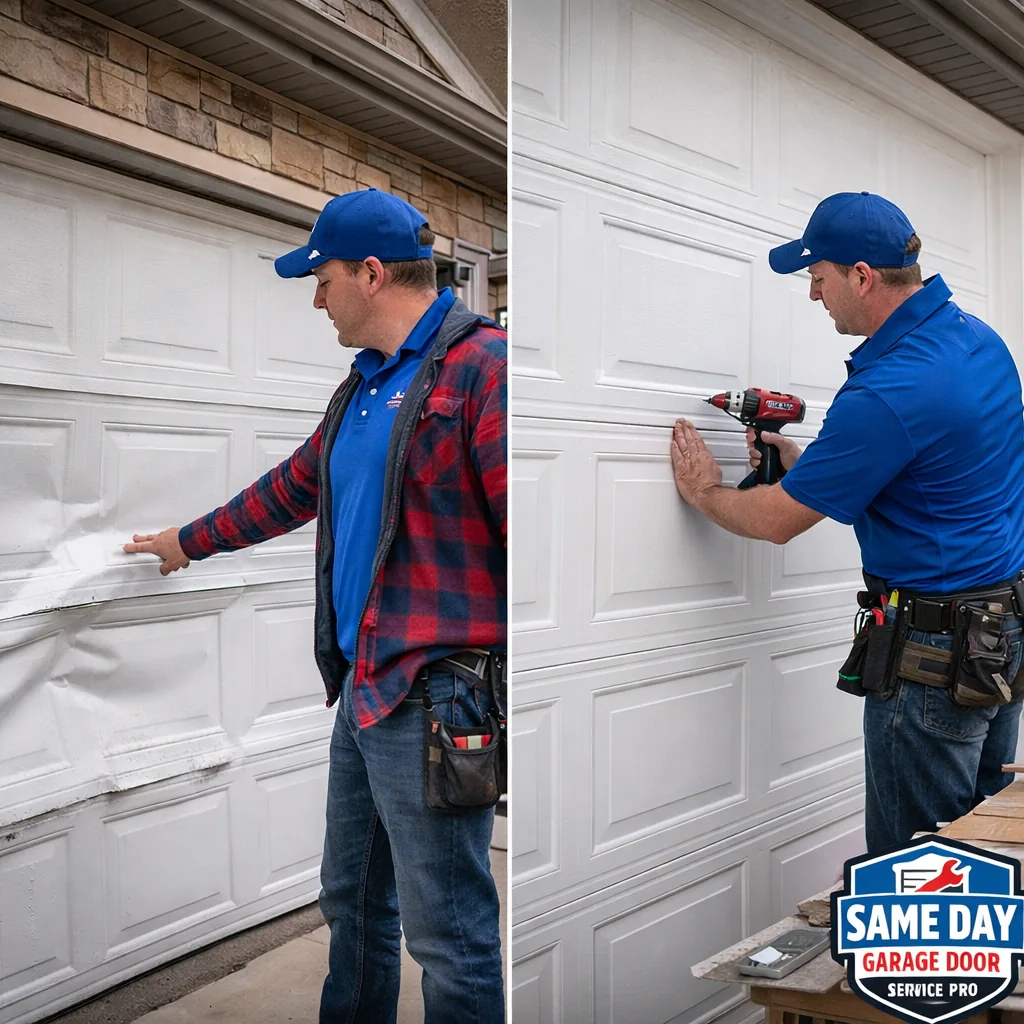 Before and after comparison of a dented garage door panel replaced with a matching new section on a West Valley home.