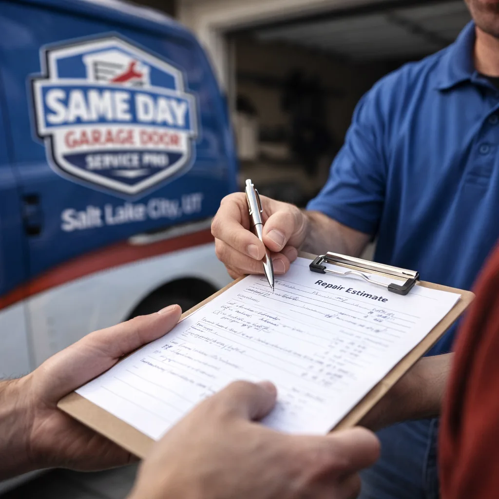 Close-up of a technician handing a homeowner a written repair estimate on a clipboard, with the open garage door visible behind them.