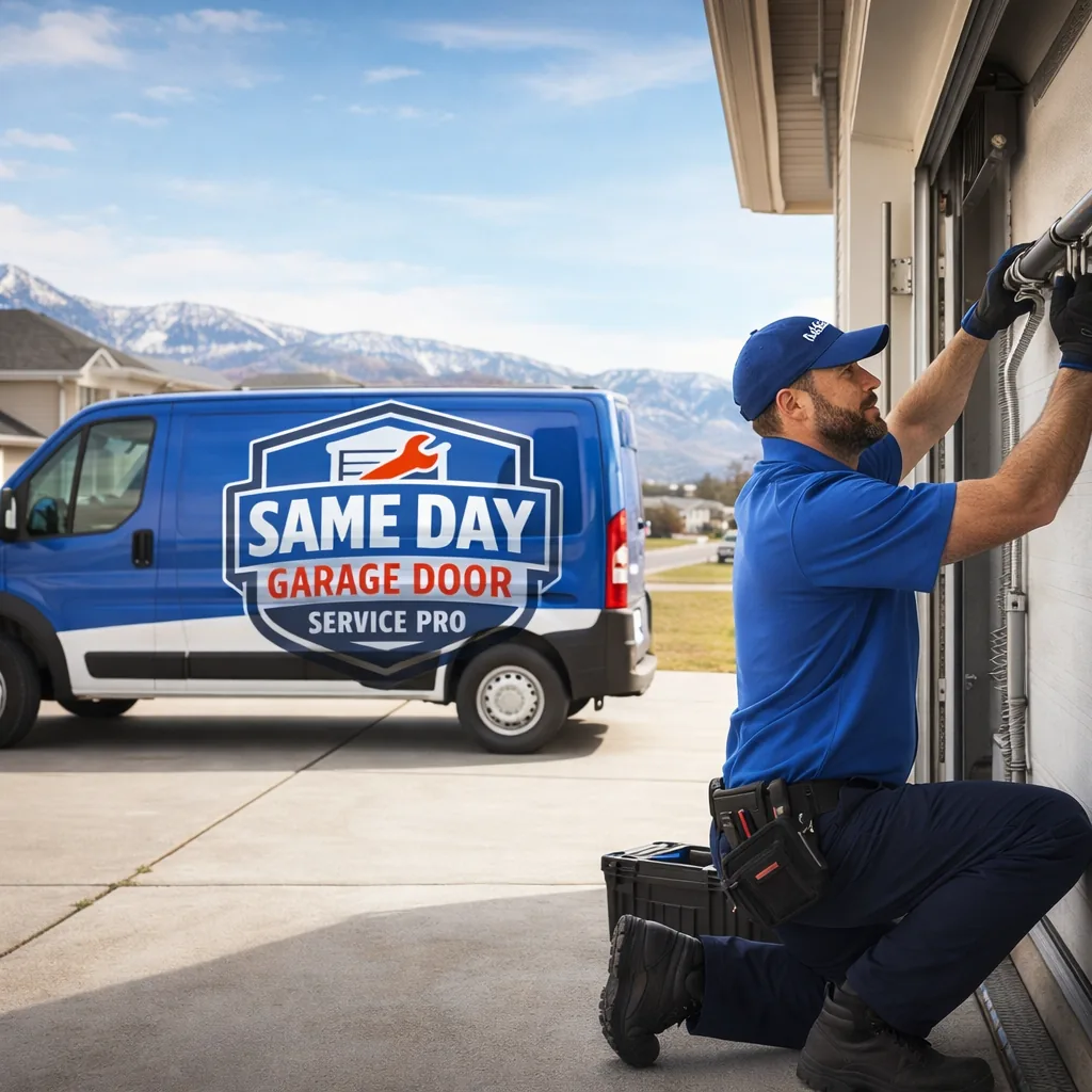 A uniformed technician kneeling beside an open residential garage door in a West Valley, Utah driveway, replacing a torsion spring in daylight.
