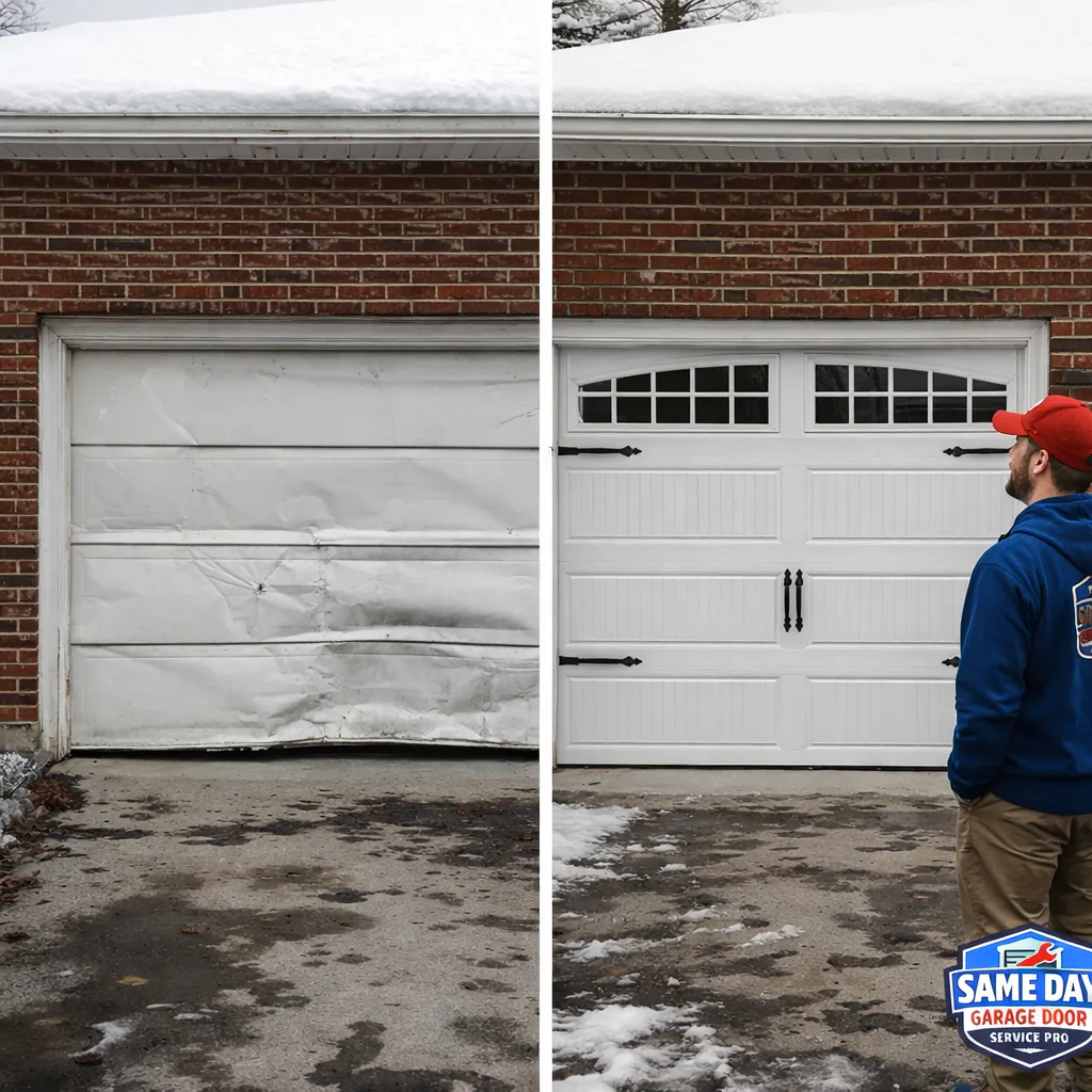 Side-by-side before and after photo of a dented, faded old garage door replaced with a new insulated carriage-style steel door on the same house.