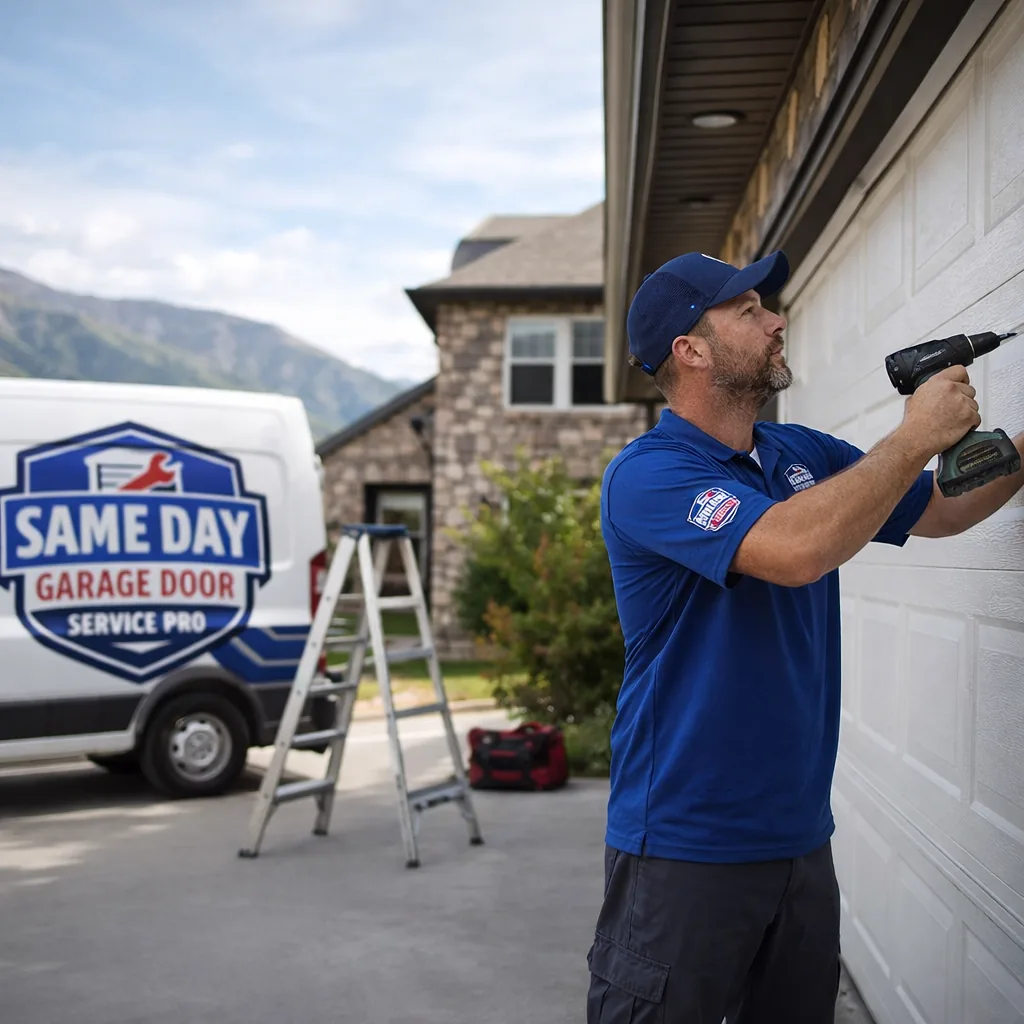A uniformed Same Day Garage Door Service Pro technician installing a new insulated steel garage door on a Salt Lake City home, ladder and tools set up in the driveway.