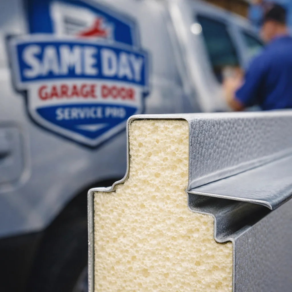Close-up cross-section or detail shot of an insulated garage door panel showing the foam core and steel layers.