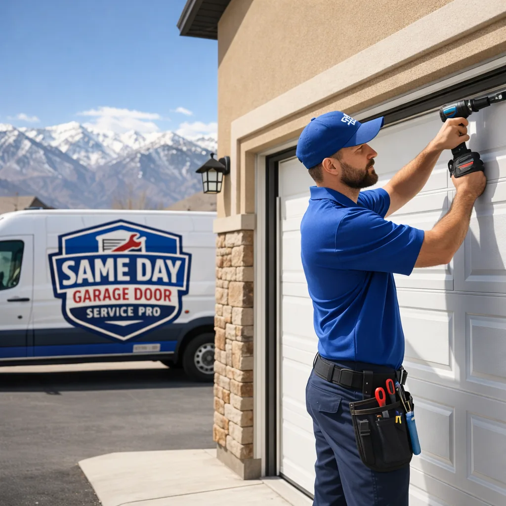 A uniformed technician installing a new steel garage door on a house along the Wasatch Front, mountains visible in the background, midday light.