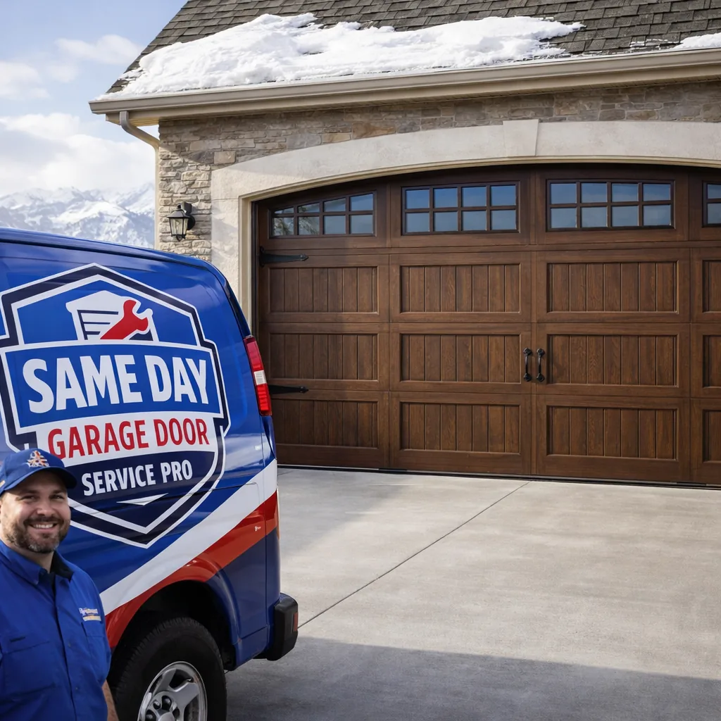 A carriage-house style garage door with dark wood-look panels and decorative hardware on a traditional Utah home.