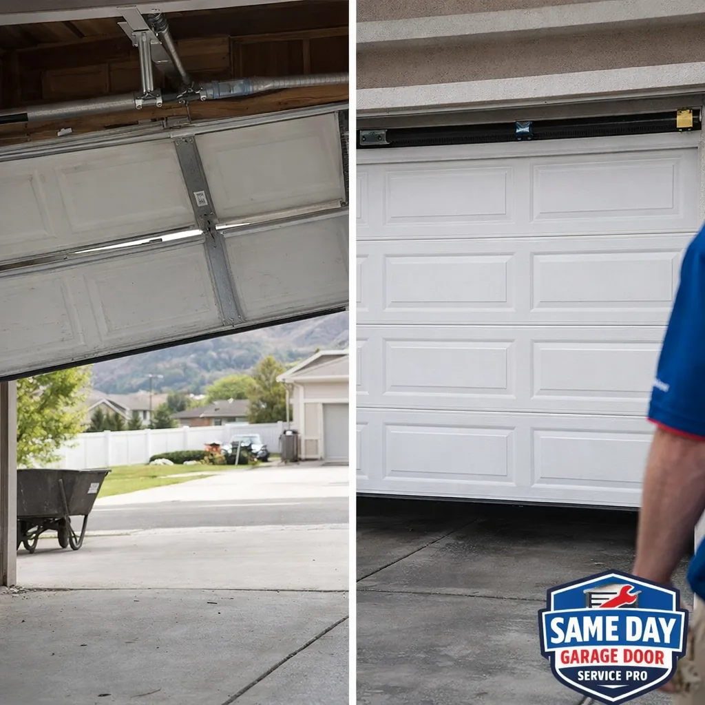 Side-by-side of a garage door hanging unevenly on a broken spring, and the same door sitting level and closed after a new spring is installed.
