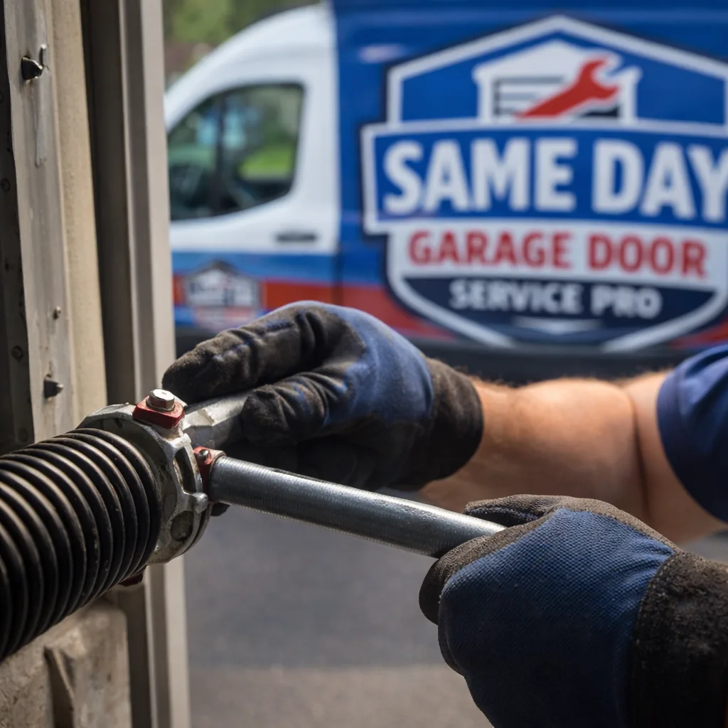 Close-up of a technician's gloved hands using a torsion winding bar to carefully wind tension into a new garage door spring mounted on the shaft above a residential door.