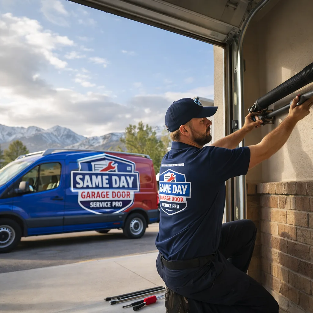 A uniformed Same Day Garage Door Service Pro technician kneeling beside an open residential garage door in a Salt Lake City driveway, installing a new torsion spring on the shaft above the track.
