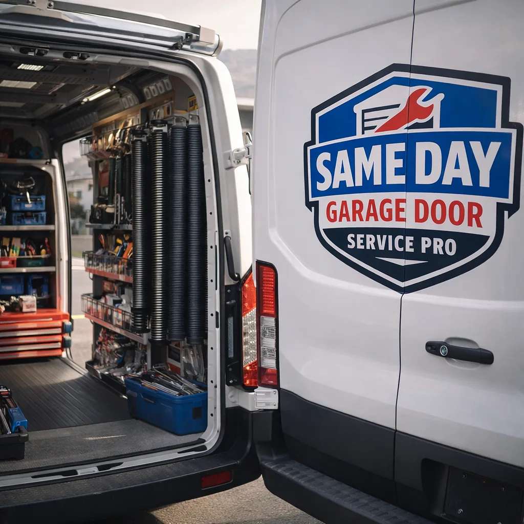 Company van stocked with tools, springs, and opener parts used for on-site repair calls.